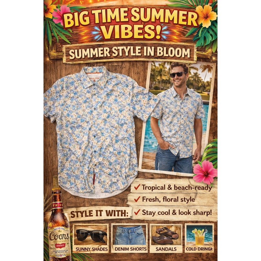 Visconti Black Mens XL Floral Button Down Shirt Short Sleeve Blue White Tropical